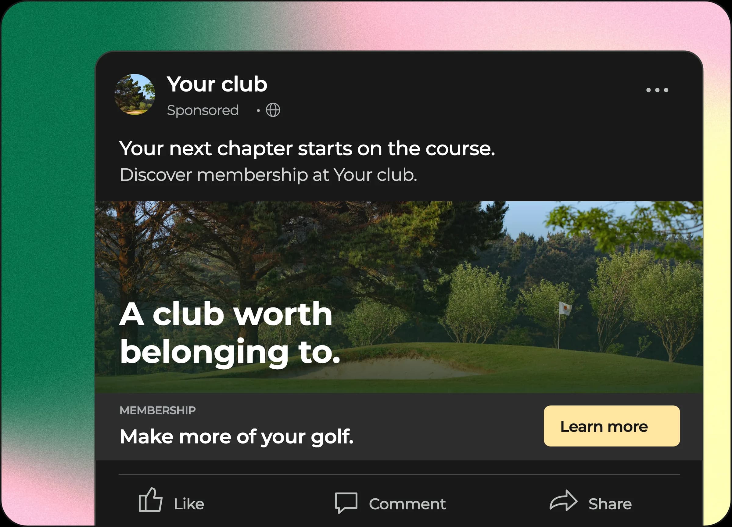 Illustrative Facebook sponsored membership advert with club photography, a Learn more action and feed controls on the Albatross grain gradient